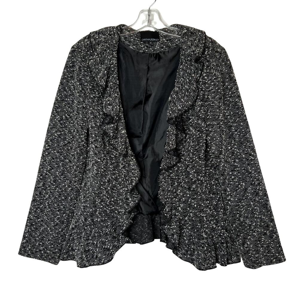 Cynthia Rowley Open Front Ruffle Boucle Jacket Black Womens Medium